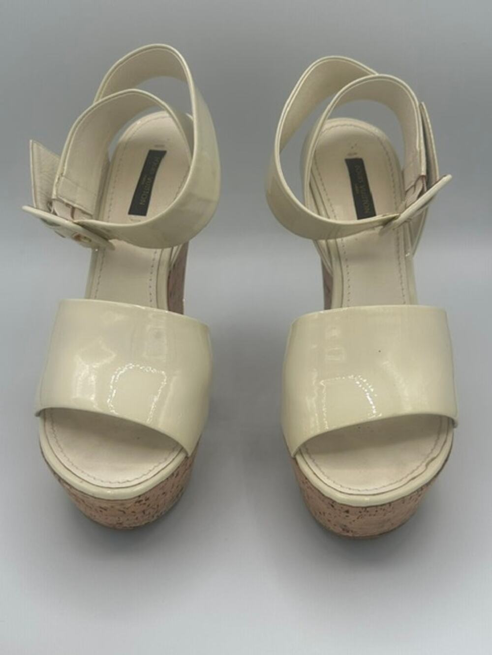 Louis Vuitton Cream Patent Leather Cork Platform Wedge Sandal 37.5 VGUC